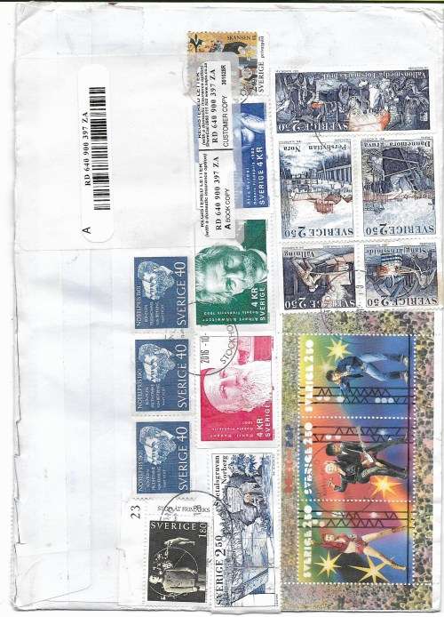 Commercial Cover from Stockholm Sweden - 33 stamps tied to cover - 18th October 2016 frankings