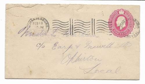Postal stationery - embossed 1d KEVII Transvaal - Postmarked Johannesburg / backstamped 18 Feb 1900s
