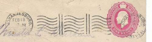 Postal stationery - embossed 1d KEVII Transvaal - Postmarked Johannesburg / backstamped 18 Feb 1900s