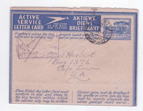 Cover WWII - Union of South Africa used in Egypt to Cape Town - signed / passed by censor