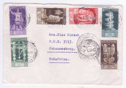 Cover Italy to Johannesburg - nice set 10c to 50c A208 Scott - 1938 - backstamped arrival