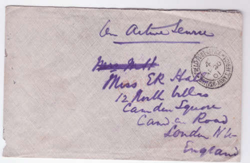 Cover Boer War British Army Fld PO South Africa to London - clear Pstmrk and Back-stamp arrival Lon