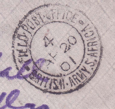 Cover Boer War British Army Fld PO South Africa to London - clear Pstmrk and Back-stamp arrival Lon