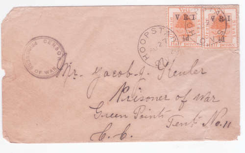 Boer War - Green Point POW Camp - cover Hoopstad OVS to Boer POW Keuler Tent no 11 - Censor cachette