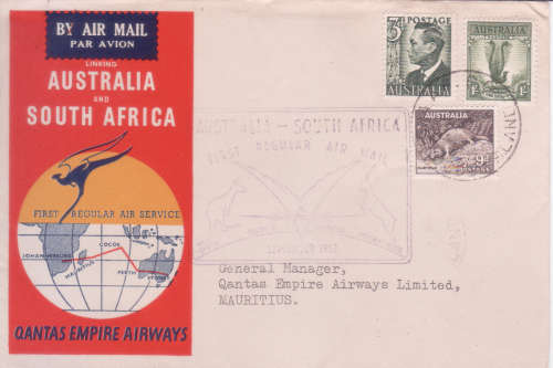 Cocos Islands to Mauritius -1952 FIRST AIRMAIL FLIGHT COVER AUSTRALIA TO SOUTH AFRICA QANTAS AIRWAYS
