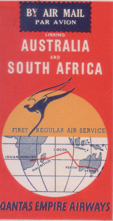 Cocos Islands to Mauritius -1952 FIRST AIRMAIL FLIGHT COVER AUSTRALIA TO SOUTH AFRICA QANTAS AIRWAYS
