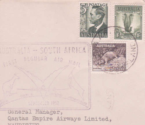Cocos Islands to Mauritius -1952 FIRST AIRMAIL FLIGHT COVER AUSTRALIA TO SOUTH AFRICA QANTAS AIRWAYS