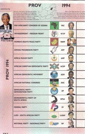 1994 PWV Provincial Election Ballot Paper - with Mandela 45c CTO 10/5/1994 datestamp