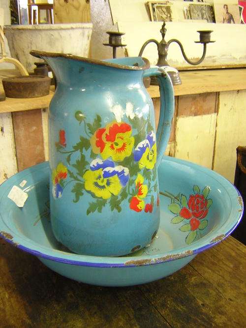 ENAMEL JUG AND VESSEL ,VERY OLD
