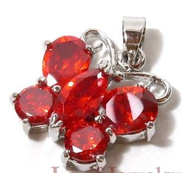 FIERY ORANGE RED CRYSTAL BUTTERFLY SILVERY PENDANT AND CHAIN