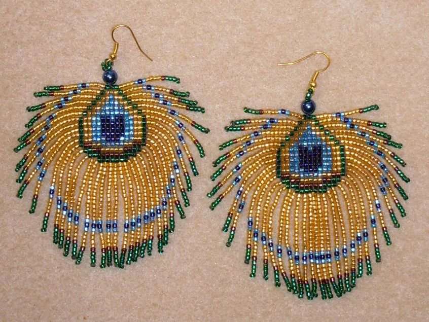 Handcrafted - Handmade - Beaded Peacock Feather Earrings - Please read description.