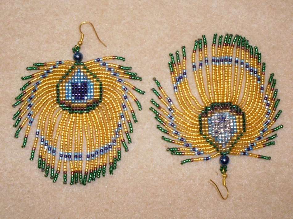 Handcrafted - Handmade - Beaded Peacock Feather Earrings - Please read description.