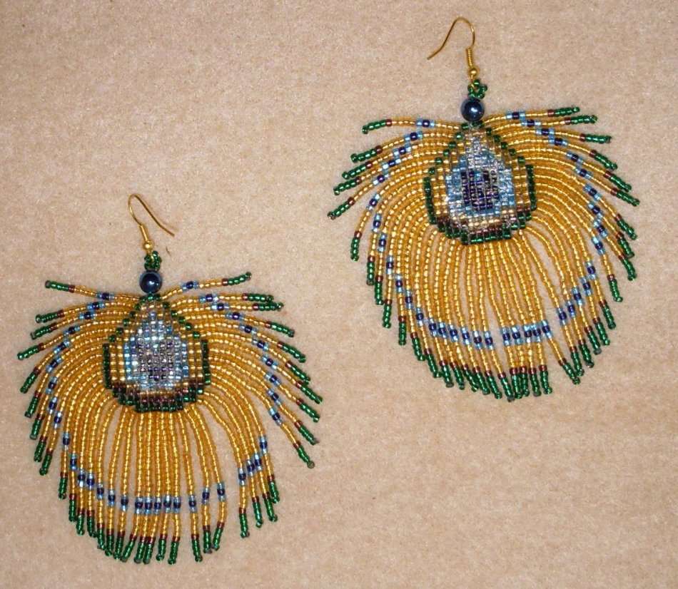 Handcrafted - Handmade - Beaded Peacock Feather Earrings - Please read description.
