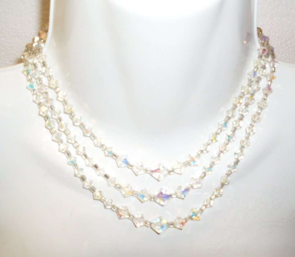 Vintage- 3 Strand Bicone Crystal Necklace and Swarovski Crystal Earrings .............