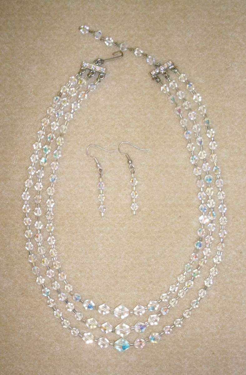 Vintage- 3 Strand Bicone Crystal Necklace and Swarovski Crystal Earrings .............