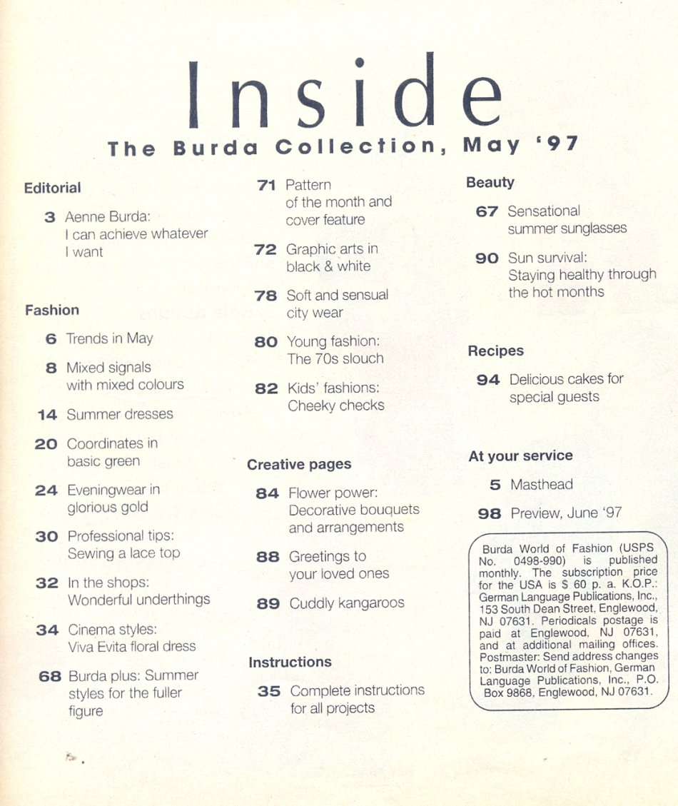 WORLD of FASHION - BURDA - Sewing Pattern Magazine - no5 May 1997 - Unused - Completely intact