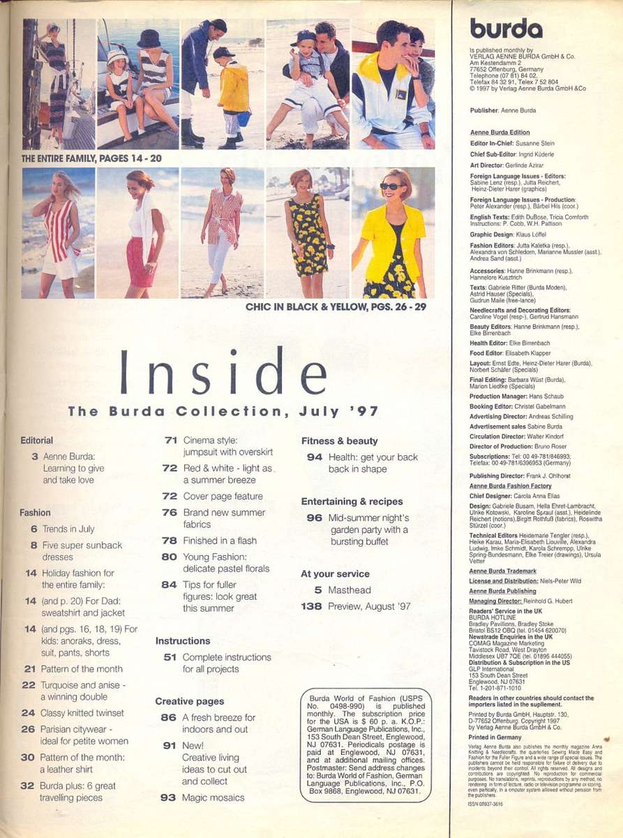 World of Fashion - BURDA - Sewing Pattern Magazine - no7 August 1997 - Used - Complete