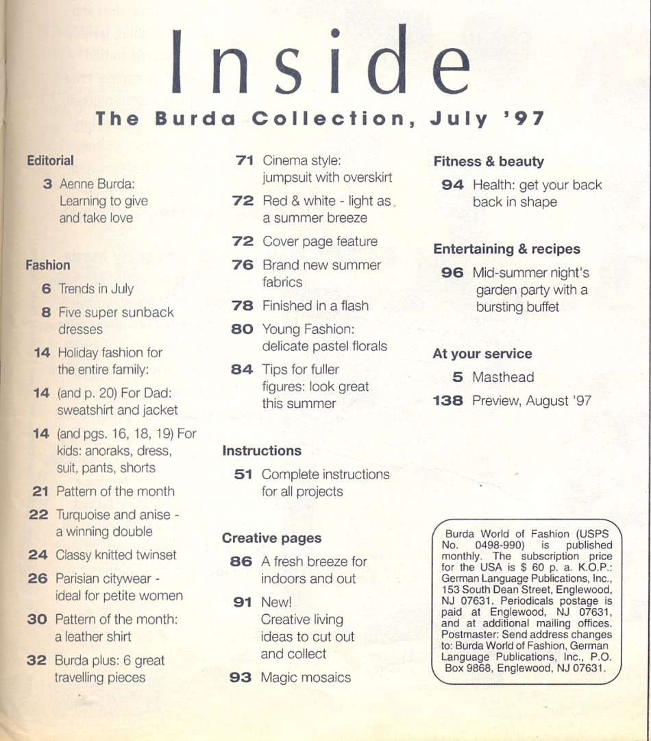 World of Fashion - BURDA - Sewing Pattern Magazine - no7 August 1997 - Used - Complete