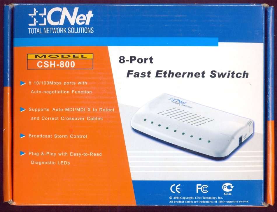 8 Port CNET Fast Ethernet Switch - Model CSH - 800 -  plus 7 Cables
