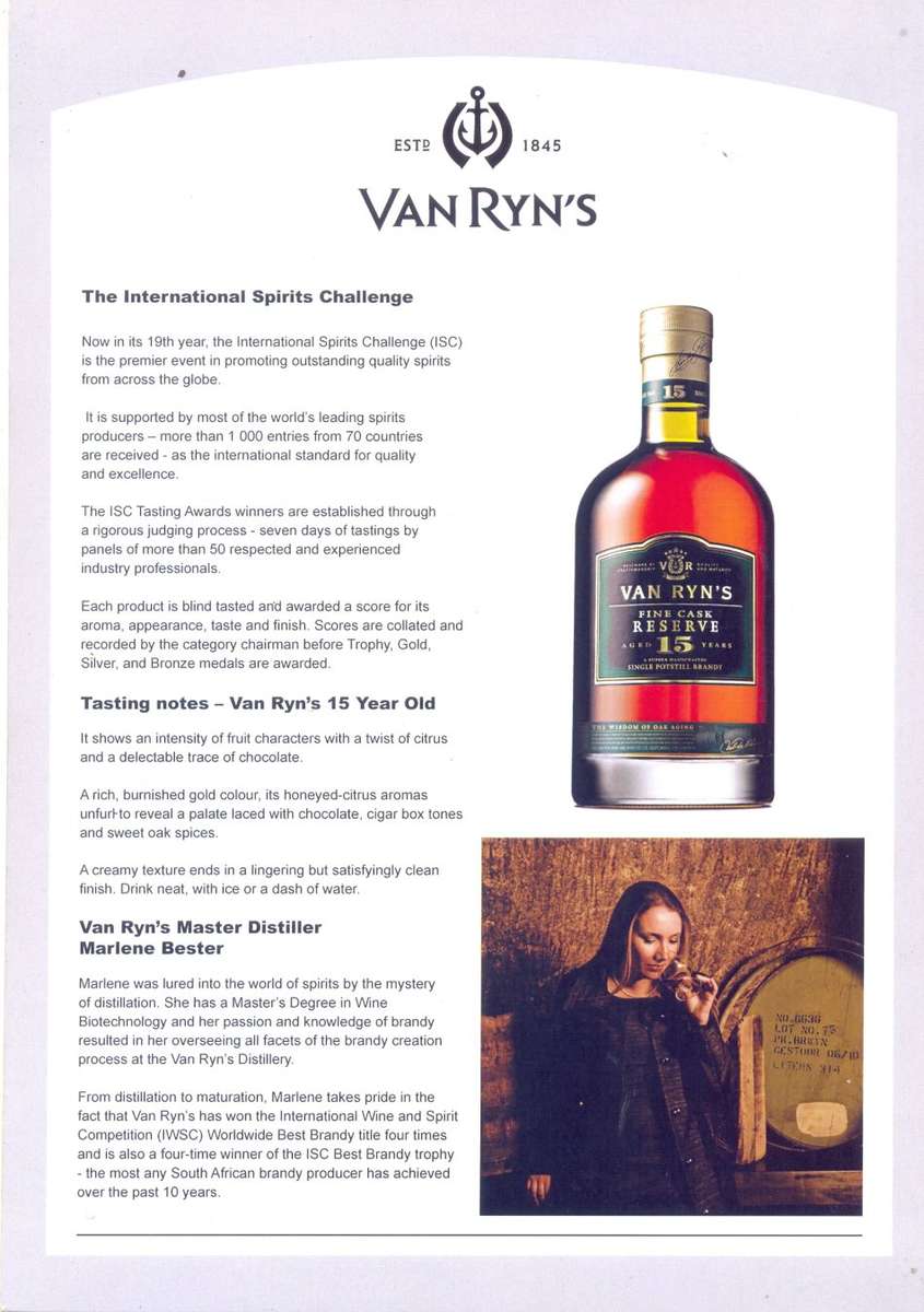 Van Ryn's Fine Cask Reserve Aged 15  years - Handcrafted Single Potstill Brandy ............