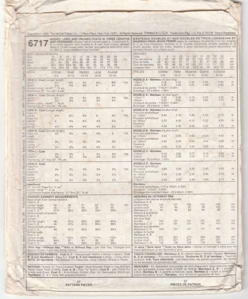 McCall`s 6717 Coats - 1993 - Sewing Pattern