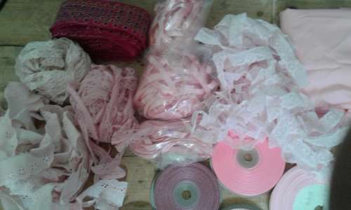 Whole lot of good quality pink,beige, white lace, ribbons, zip, cotton(check all pics)