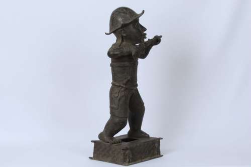 Brass figure of a Portuguese soldier holding a musket - Benin Nigeria