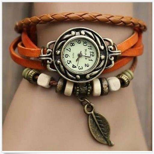 Orange ladies leather bracelet watch (Leaf)