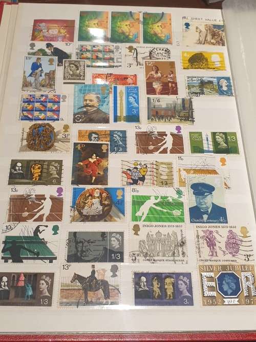 GB Used stamps 60s/ 70s + STANLEY GIBBONS GB Stamp album (PLEASE NOTE PAGE CONDITION IN PHOTOS)