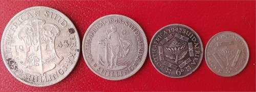 1943 Collection of Union of South Africa coins - Silver tickey, sixpence, 1 & 2 Shilling