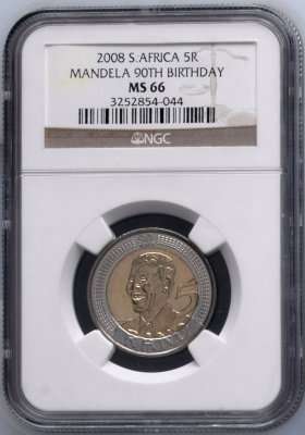 NGC GRADED MS66 - MANDELA 90th BIRTHDAY 2008 R5 COIN