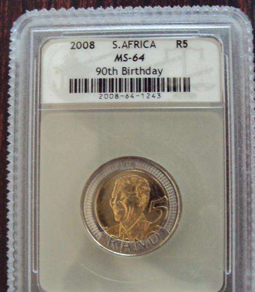 SACGS GRADED MS64 - MANDELA 90th BIRTHDAY 2008 R5 COIN