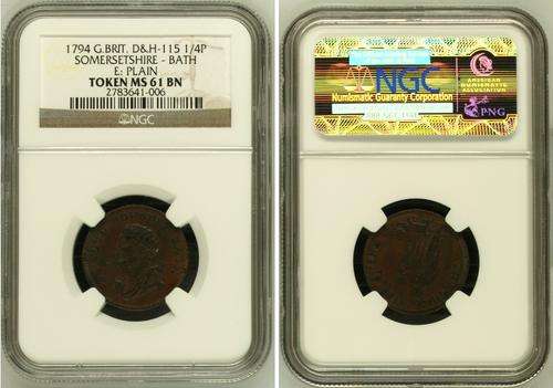 NGC Graded MS61 BN - 1794 G.BRIT. D&H-1 15 1/4P SOMERSETSHIRE - BATH E: PLAIN TOKEN