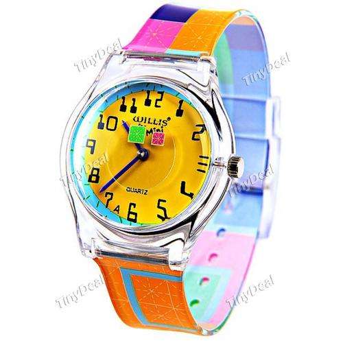 Stylish Round Case Quartz Watch Wristwatch Timepiece with Colorful Rubber Band for Kids Children
