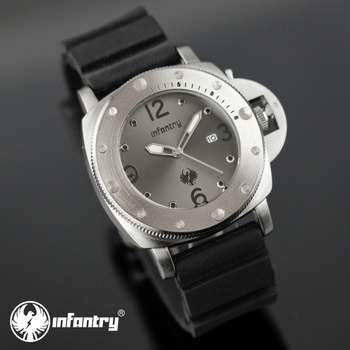 INFANTRY Men's Date Display Quartz Wrist Watch Royal Military Pilot Black Silver Rubber Strap