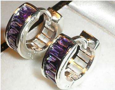 ***R799***STUNNING SOLID SILVER AMETHYST HOOP EARRINGS - WOW!