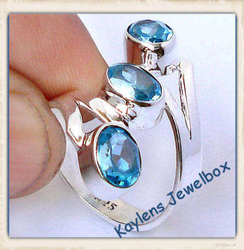 ***R2499***size 8 5cttw BLUE TOPAZ OVAL 925 STERLING SILVER TRILOGY ARTISAN RING