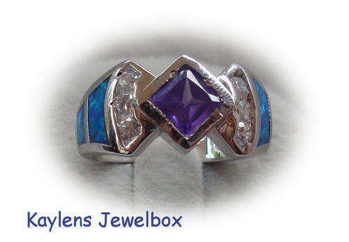 ***R2599***BEAUTIFUL AMETHYST AND BLACK OPAL 925 STERING SILVER RING SIZE: 8