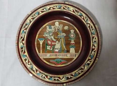 EGYPTIAN  WOOD PLATE WITH INLAY MOTHER OF PEARL MOTIF