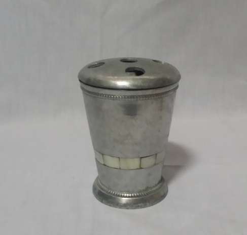 VINTAGE METAL PEN HOLDER WITH MOTHER OF PEARL