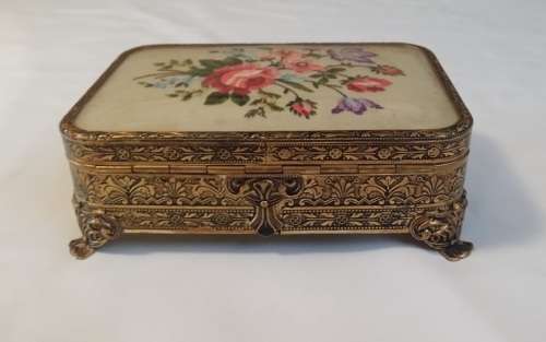 A MAGNIFICENT  VINTAGE BRASS AND EMBROIDERY MUSICAL  JEWELRY BOX