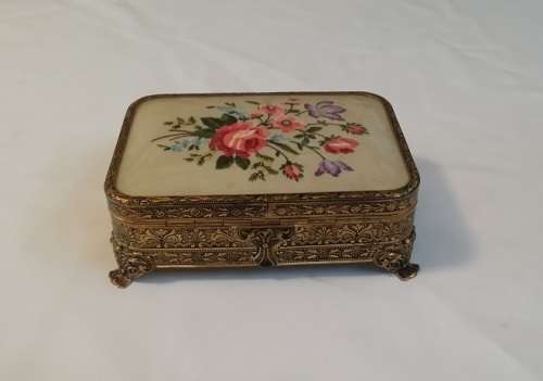 A MAGNIFICENT  VINTAGE BRASS AND EMBROIDERY MUSICAL  JEWELRY BOX