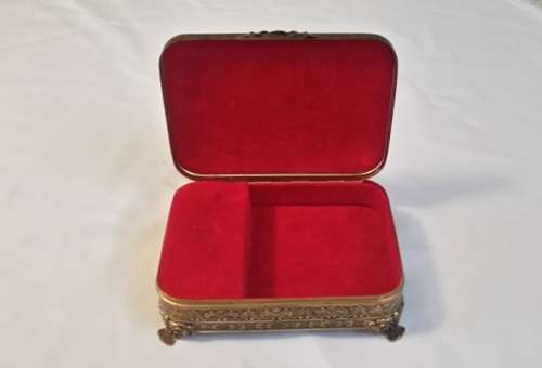 A MAGNIFICENT  VINTAGE BRASS AND EMBROIDERY MUSICAL  JEWELRY BOX
