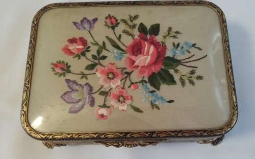 A MAGNIFICENT  VINTAGE BRASS AND EMBROIDERY MUSICAL  JEWELRY BOX