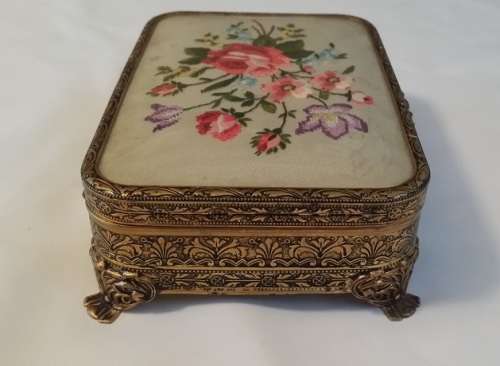 A MAGNIFICENT  VINTAGE BRASS AND EMBROIDERY MUSICAL  JEWELRY BOX