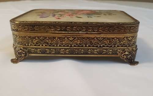 A MAGNIFICENT  VINTAGE BRASS AND EMBROIDERY MUSICAL  JEWELRY BOX