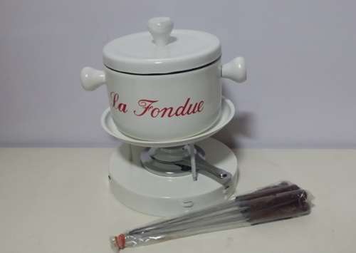 WHITE ENAMEL FONDUE SET