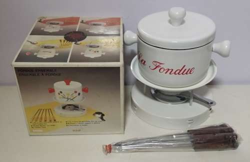 WHITE ENAMEL FONDUE SET