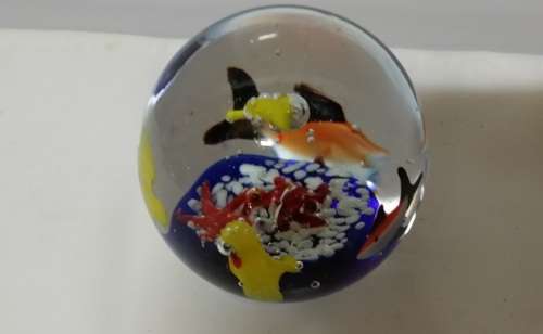 ROUND SOLID GLASS PAPERWEIGHT ' FISH '