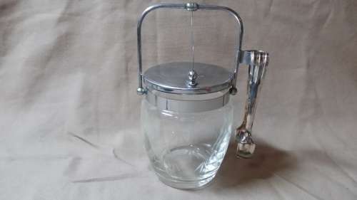 GLASS ICE BUCKET WITH SHERATON SILVER PLATED TONG
